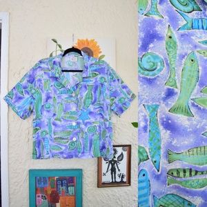 90s funky purple blue green novelty fish print button down crop top (L)